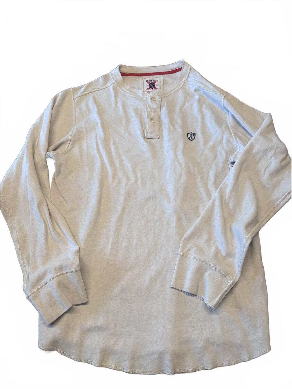 VTG Y2K Frat House Cream Thermal Henley XL Embroidered Crest Skater Grunge